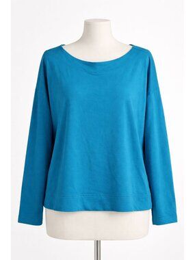 Bryn Walker Teal Blue Cotton Bamboo Boat Neck Boxy Lagenlook Top Size Large